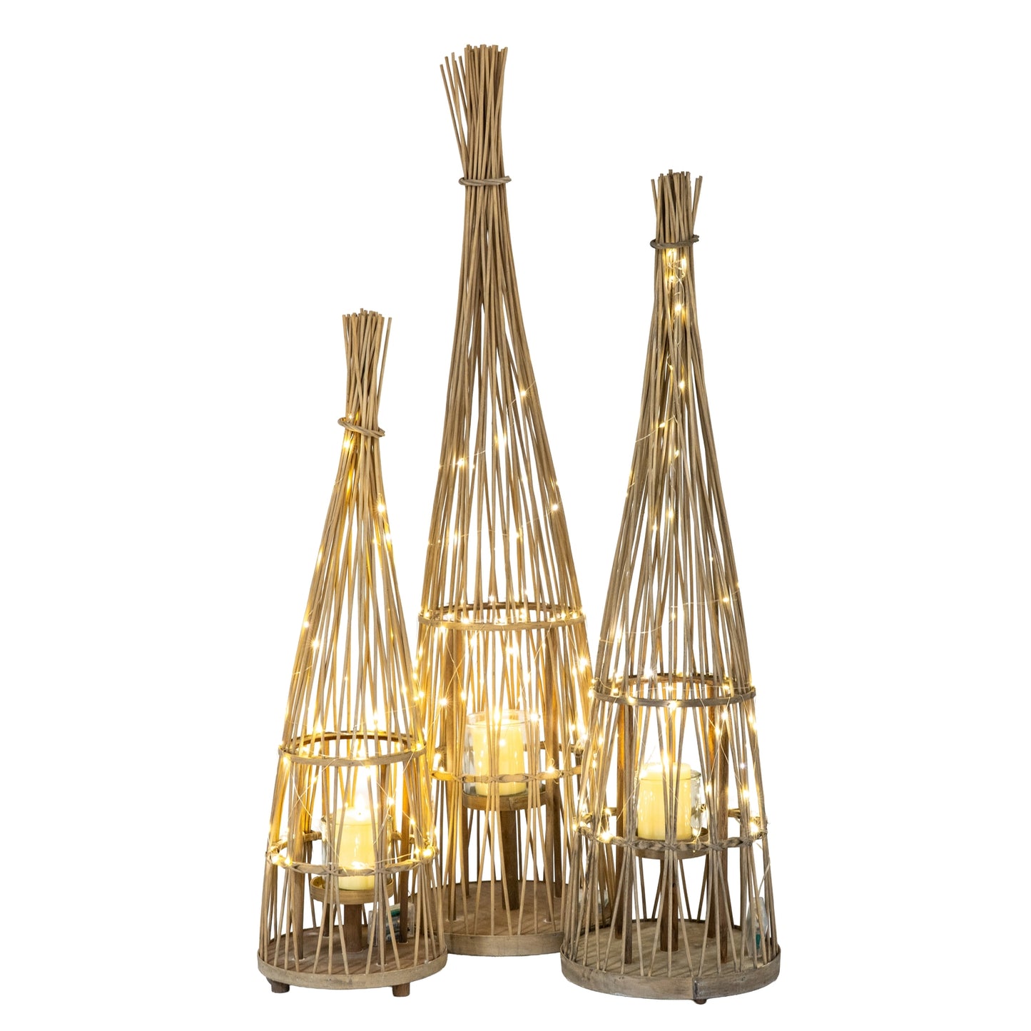 Large Conical Wicker Lantern With Glass Holder & LED Lights