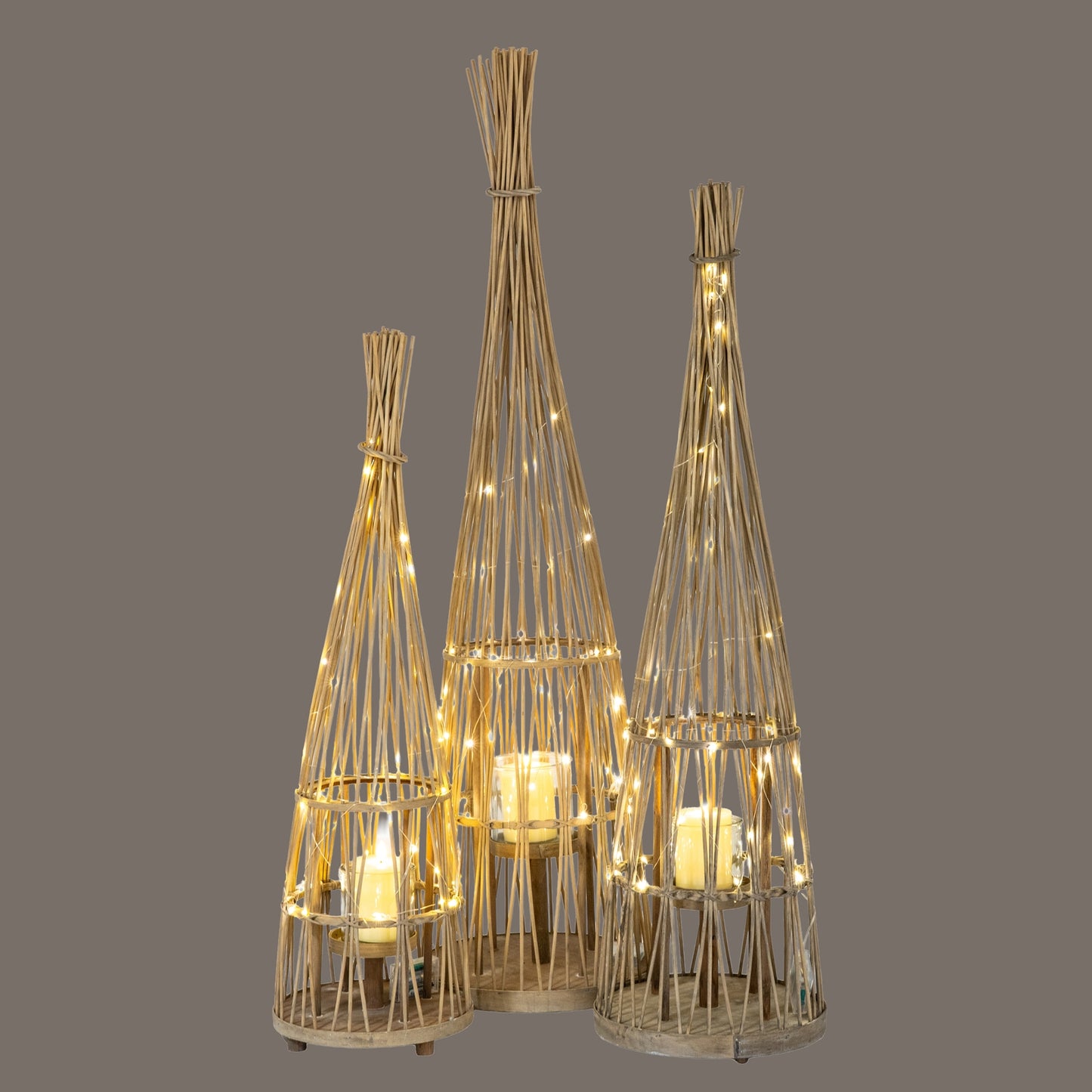 Small Conical Wicker Lantern With Glass Holder & LED Lights