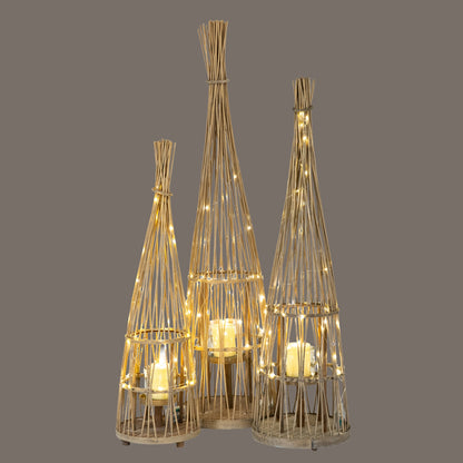 Small Conical Wicker Lantern With Glass Holder & LED Lights